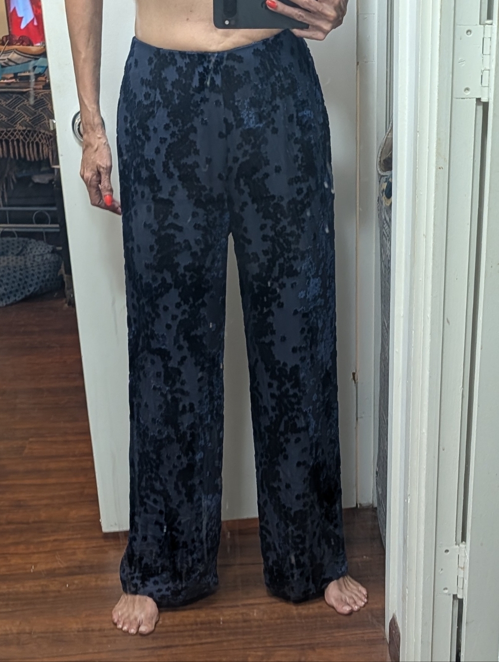 Juliana Collezione usa Navy Velvet Burnout silk Whimsigoth Palazzo trouser